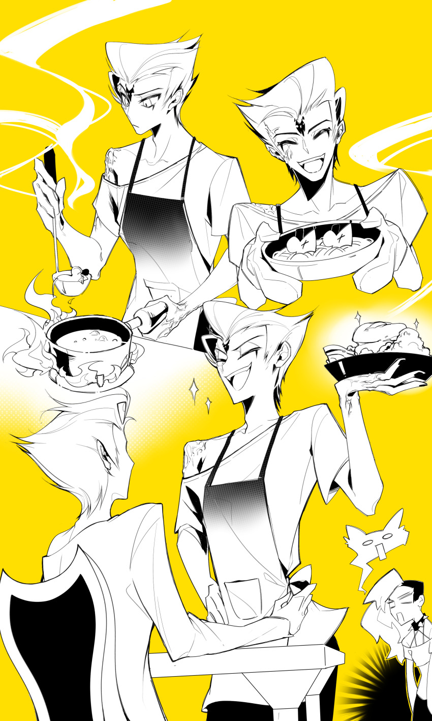1girl 2boys absurdres apron blitzo_(helluva_boss) cooking food helluva_boss highres humanization looking_at_another loona_(helluva_boss) multiple_boys shirt sitting sparkle stolas_(helluva_boss) yellow_background zhu_xing_pupupu