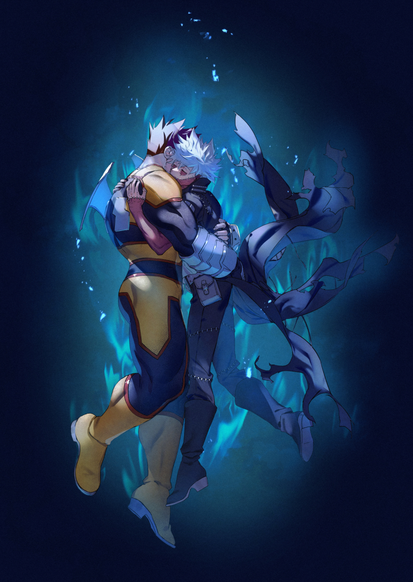 2boys ass aura beard black_hair blue_bodysuit bodysuit boku_no_hero_academia dabi_(boku_no_hero_academia) endeavor_(boku_no_hero_academia) facial_hair father_and_son full_body highres hug koooogasya male_focus mature_male multiple_boys muscular muscular_male parody short_hair sideburns spiked_hair spoilers the_shape_of_water thick_thighs thighs underwater white_hair