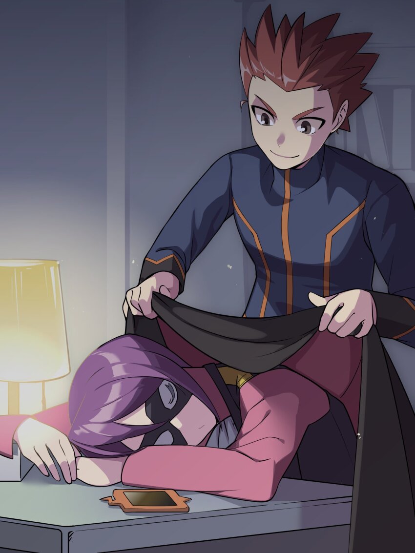 2boys black_vest closed_mouth commentary_request domino_mask gen_4_pokemon grey_eyes highres indoors jacket kiwi_of_ruin korean_commentary lamp lance_(pokemon) long_sleeves looking_down male_focus mask multiple_boys nintendo pink_shirt pokemon pokemon_hgss purple_hair red_hair rotom rotom_phone shirt short_hair sleeping smile spiked_hair table vest will_(pokemon)