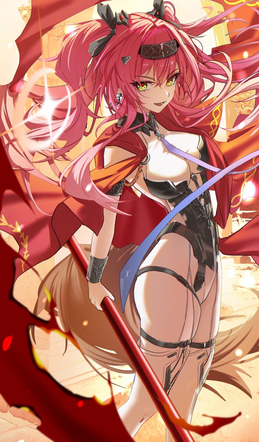 1girl absurdres armor black_bow bodysuit boots bow breastplate breasts collar commentary earrings hair_bow hair_ornament hairband headgear highres holding holding_polearm holding_weapon jewelry large_breasts long_hair looking_at_viewer lupa_(wuthering_waves) metal_collar metal_hairband multiple_hair_bows pink_hair polearm red_hair red_pupils red_sash rena_(rena_emc2) sash smile solo thigh_boots weapon white_bodysuit white_boots wrist_guards wuthering_waves yellow_eyes