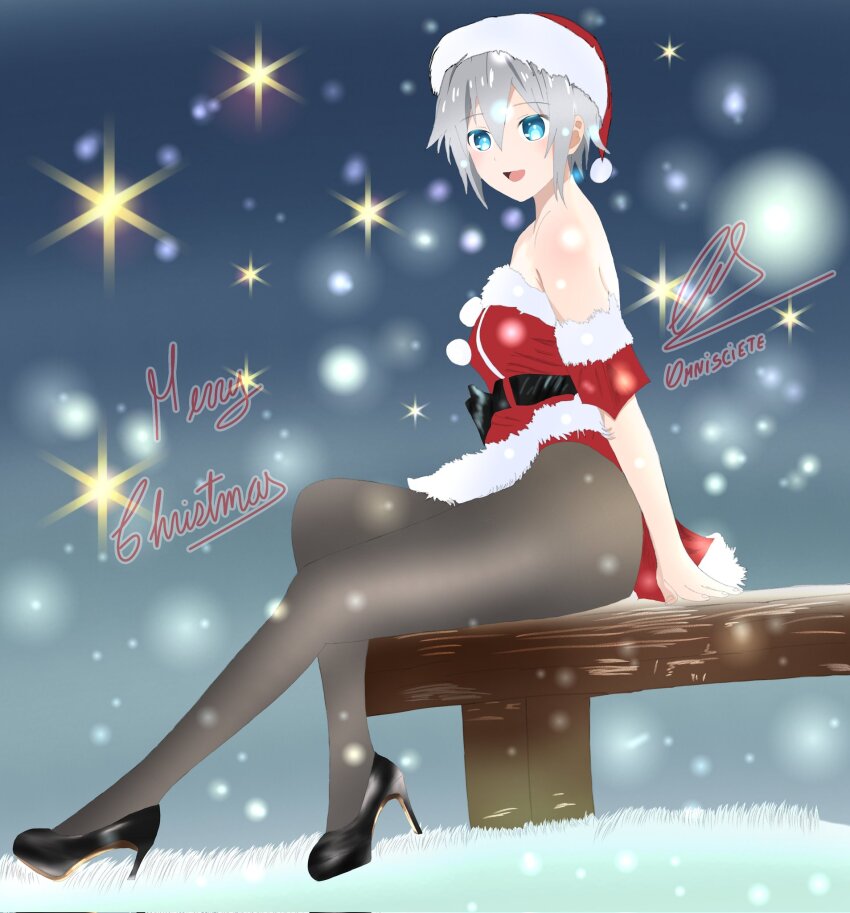 1girl ass blue_eyes christmas date_a_live high_heels highres honjou_nia nia_honjou1 short_hair solo thighs white_hair