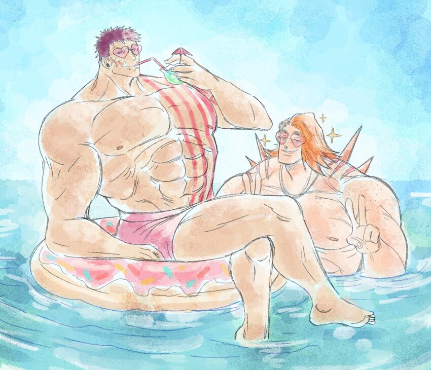2boys abs arm_tattoo artist_request bara charlotte_katakuri couple double_v faux_traditional_media fins heart heart-shaped_eyewear highres huge_pectorals looking_at_viewer male_focus maren_(mewtides) multiple_boys muscular muscular_male nipples on_innertube one_piece original second-party_source short_hair shorts smile smug sparkle stitches strongman_waist sunglasses tattoo topless_male v yaoi
