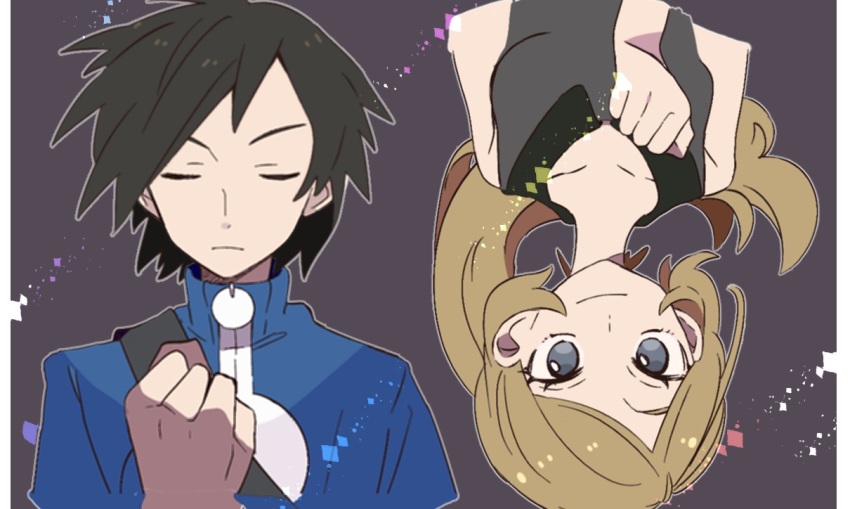 1boy 1girl blue_jacket calem_(pokemon) clenched_hand closed_eyes closed_mouth collarbone commentary_request eyelashes grey_eyes hand_up jacket long_hair misha_(ohds101) nintendo pillarboxed pokemon pokemon_xy ponytail serena_(pokemon) shirt short_hair sleeveless sleeveless_shirt strap turtleneck turtleneck_jacket zipper_pull_tab