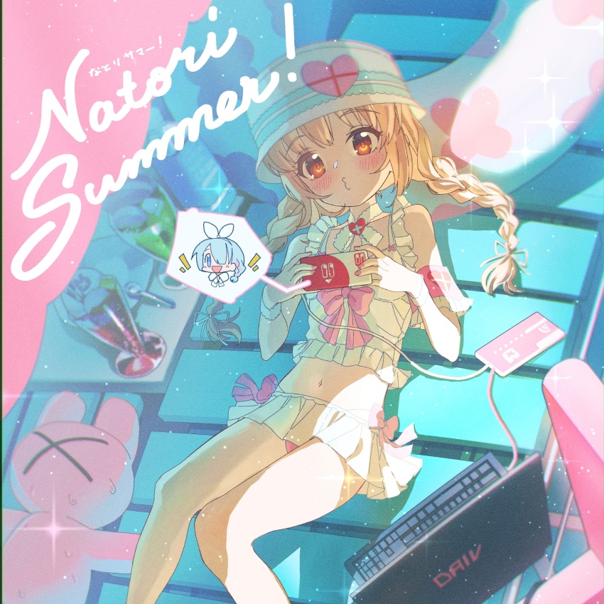 1girl alternate_costume arona_(blue_archive) bikini bikini_skirt blonde_hair blue_archive blue_eyes blue_hair blush braid bucket_hat cellphone chair commentary computer crossover english_commentary feet_out_of_frame food frilled_bikini frills from_above hair_over_one_eye hat highres holding holding_phone jdge knees_up laptop light_particles long_hair looking_at_viewer lounge_chair low_twin_braids lying natori_sana neck_ribbon o3o on_back on_chair orange_eyes parfait phone pink_nails playing_games pun ribbon sana_channel smartphone smile solo spoken_character stuffed_animal stuffed_rabbit stuffed_toy swimsuit translation_request twin_braids virtual_youtuber white_bikini white_ribbon