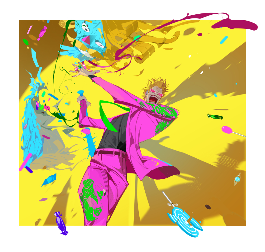 1boy absurdres baseball_bat black_shirt blonde_hair candy clothes_writing cowboy_shot crushed donquixote_doflamingo donquixote_homing food green_necktie highres holding holding_baseball_bat jacket necktie one_piece open_mouth pinata pink_jacket shirt short_hair smile sunglasses teeth tobu_(bilibil) tongue yellow_background
