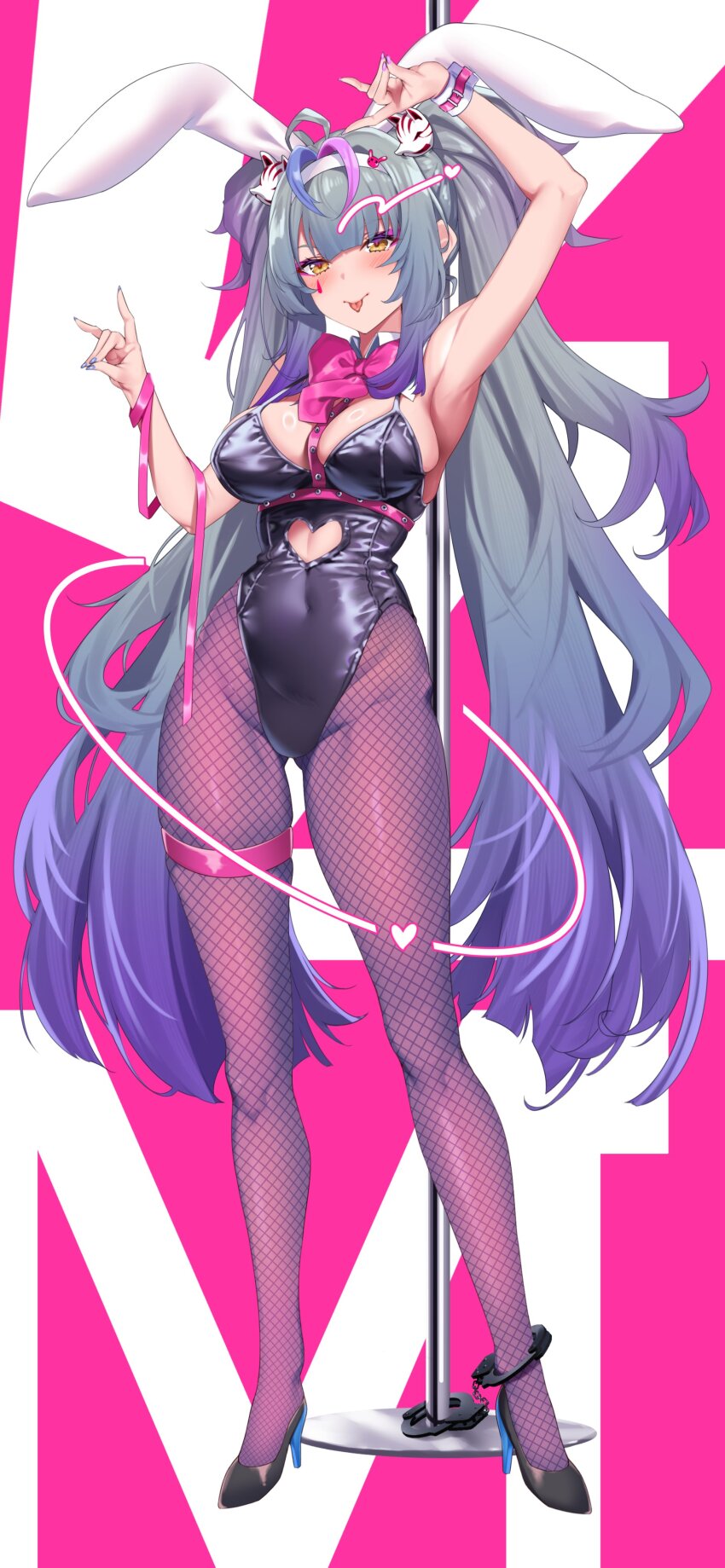 1girl absurdres blue_nails blush breasts clothing_cutout commission cosplay double_fox_shadow_puppet fishnet_pantyhose fishnets fox_shadow_puppet full_body gradient_hair grey_hair hatsune_miku hatsune_miku_(cosplay) highres large_breasts leotard long_hair multicolored_hair pantyhose playboy_bunny pole purple_hair rabbit_hole_(vocaloid) raiou red_pupils second-party_source sideboob skindentation solo stomach_cutout stripper_pole teardrop_facial_mark tongue tongue_out v4mirai very_long_hair yae_yugiri yellow_eyes