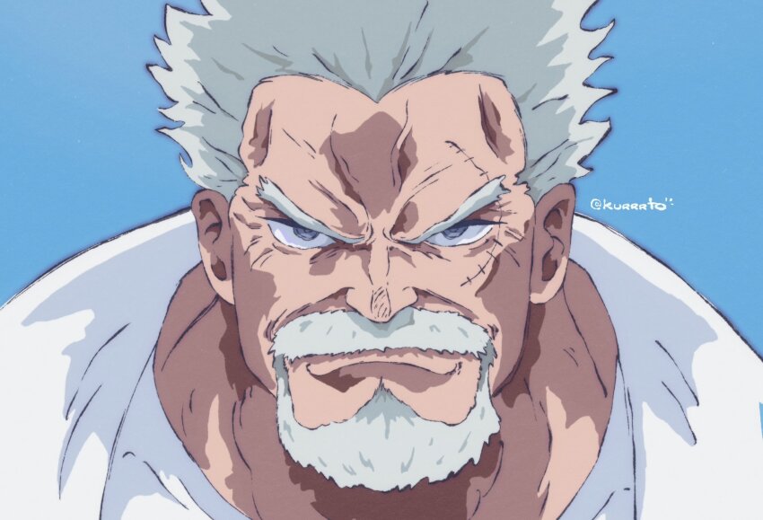 1boy beard blue_background closed_mouth facial_hair film_grain forehead goatee grey_eyes grey_hair high_collar highres kurrrto looking_at_viewer male_focus manly mature_male monkey_d._garp mustache old old_man one_piece portrait ringed_eyes scar scar_on_face serious shirt short_hair simple_background solo spiked_hair twitter_username v-shaped_eyebrows veins white_shirt