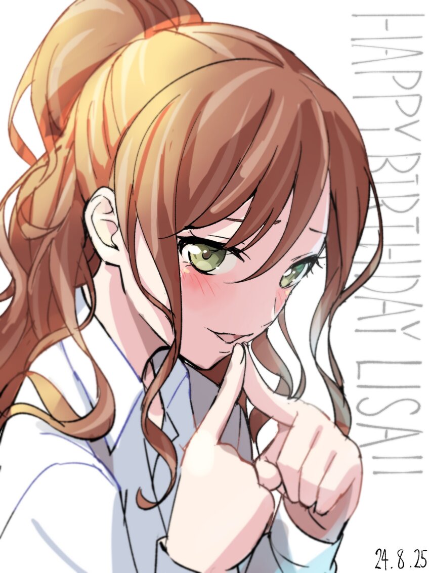 1girl absurdres bang_dream! blush brown_hair dated green_eyes happy_birthday highres imai_lisa long_hair nobusawa_osamu open_mouth ponytail shirt simple_background smile upper_body white_background white_shirt