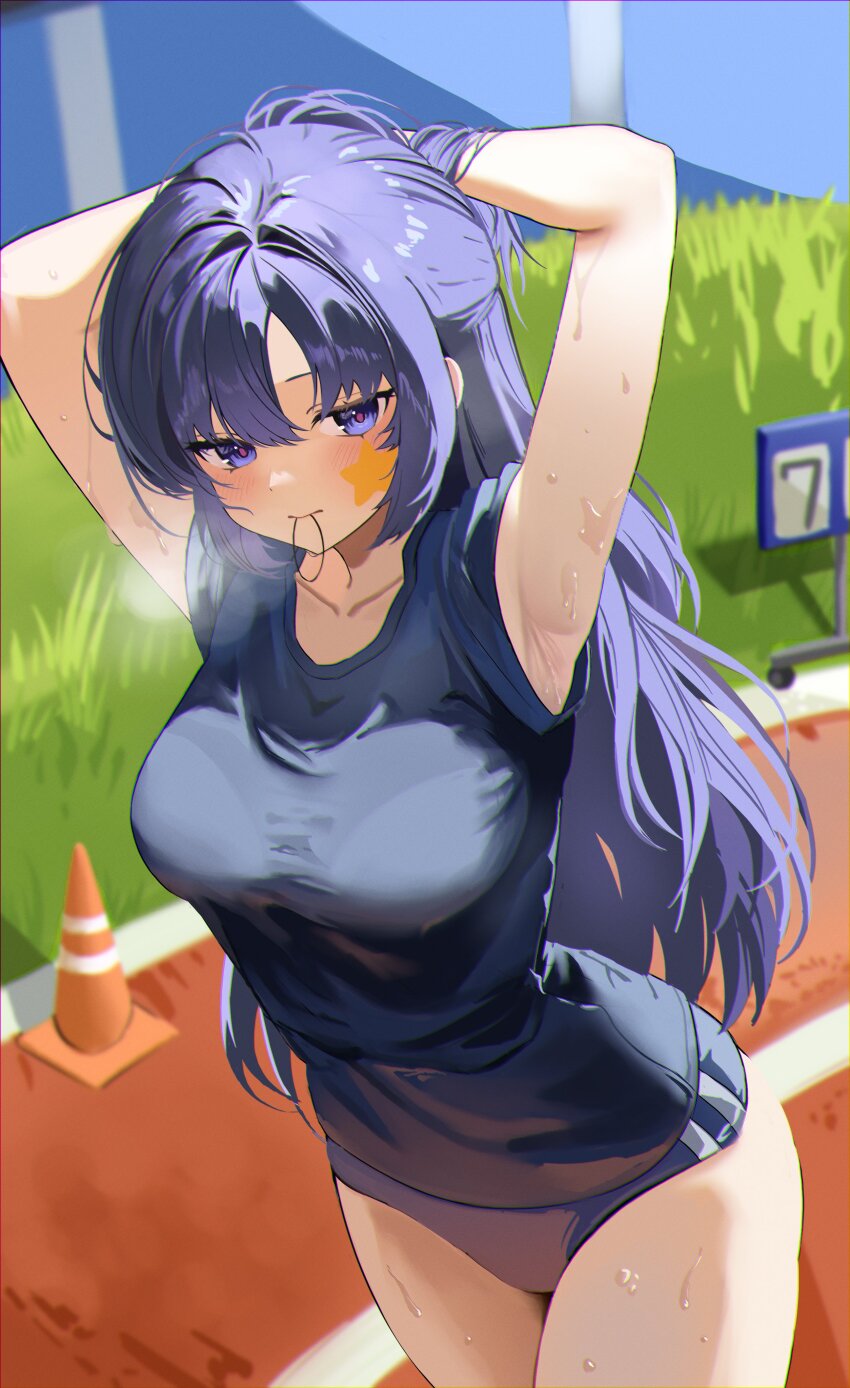 1girl absurdres adjusting_hair armpit_focus armpits arms_up black_shirt blue_archive blue_buruma blue_eyes blue_hair blush breasts buruma eengchi grass gym_shirt hair_intakes half_updo highres long_hair looking_at_viewer medium_breasts mouth_hold official_alternate_costume official_alternate_hairstyle outdoors presenting_armpit running_track shirt solo star_sticker steaming_body sticker_on_face sweat thighs traffic_cone yuuka_(blue_archive) yuuka_(track)_(blue_archive)