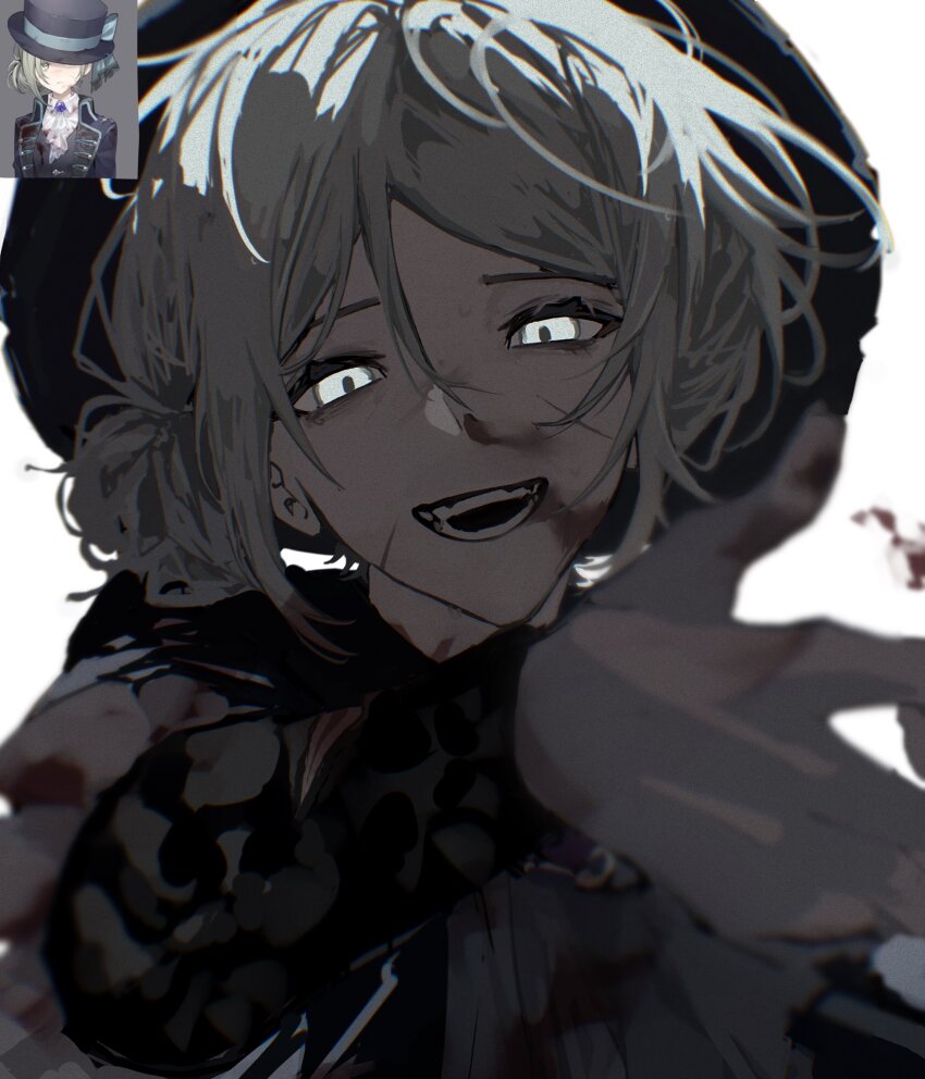 1girl :d backlighting black_hat blood blood_on_face grey_eyes grey_hair hair_bun hand_up hat highres looking_at_viewer nosebleed open_mouth outstretched_arm portrait reference_inset reverse:1999 single_side_bun smile solo teeth vertin_(reverse:1999) white_background wilson_(wilson1151487)