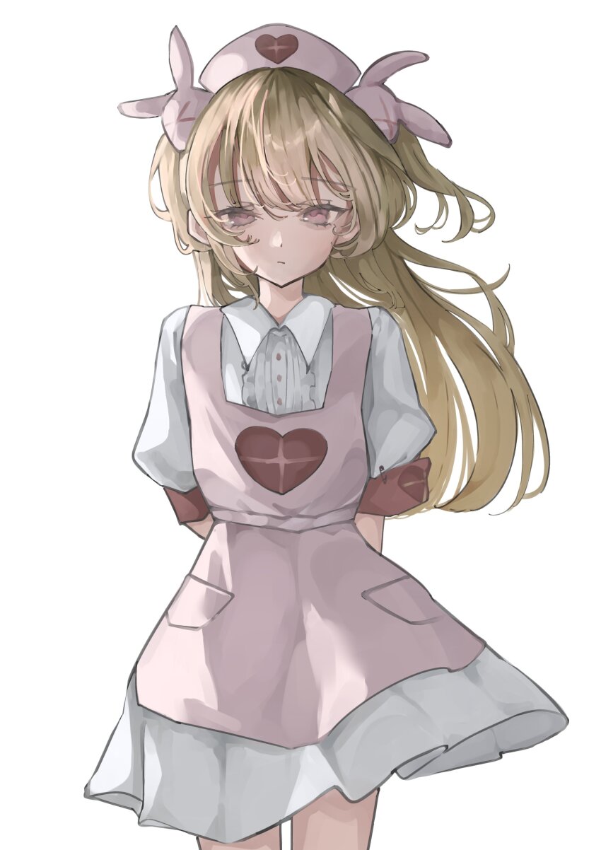 1girl absurdres apron armband blonde_hair closed_mouth commentary cowboy_shot hair_ornament hashtag-only_commentary hat heart heart_print highres kafune long_hair looking_at_viewer natori_sana natori_sana_(nurse) nurse_cap pink_apron pink_eyes pink_hat rabbit_hair_ornament red_armband sana_channel shirt short_sleeves simple_background solo virtual_youtuber white_background white_shirt
