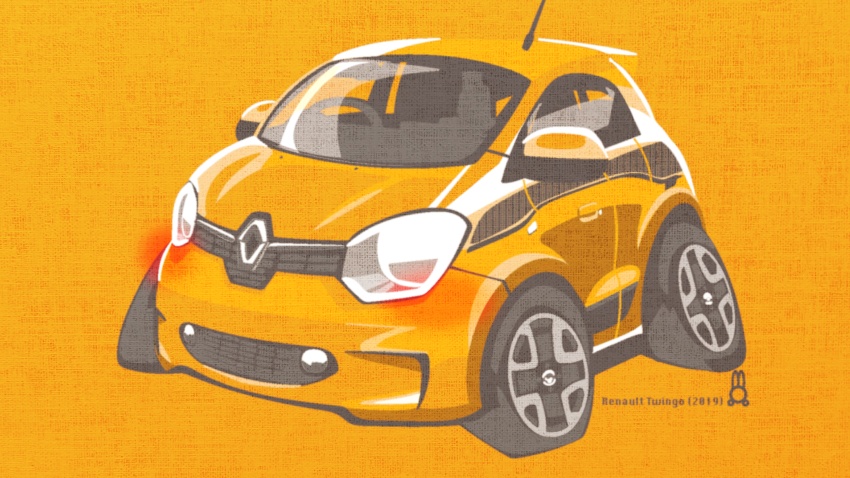 2019 absurdres blush car highres motor_vehicle orange_background orange_car orange_theme original radio_antenna renault renault_twingo retromirai vehicle_focus vehicle_name