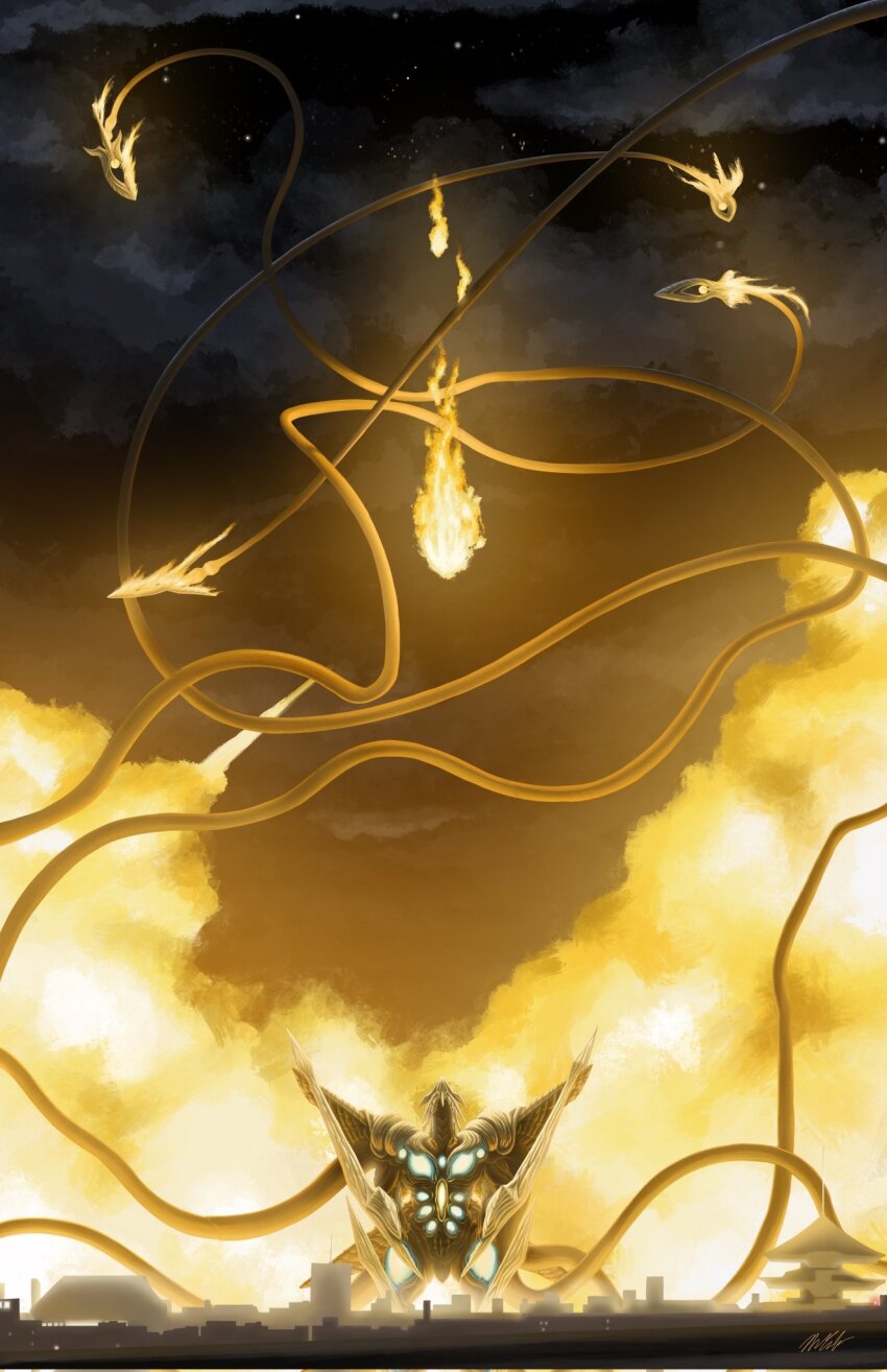 arm_blade artist_name bioluminescence blocking breath_weapon buddhism buddhist_temple building city cloud daiei_film energy energy_ball explosion fire fireball gamera_(series) gamera_3:_revenge_of_iris glowing highres iris_(gamera) kaiju kyoto long_tentacles night no_humans noah_endo_(derp_snek) one-eyed pagoda plasma plasma_bolt plasma_fireball plasmoid signature skyscraper star_(sky) temple tentacles to-ji_(temple) very_long_tentacles weapon