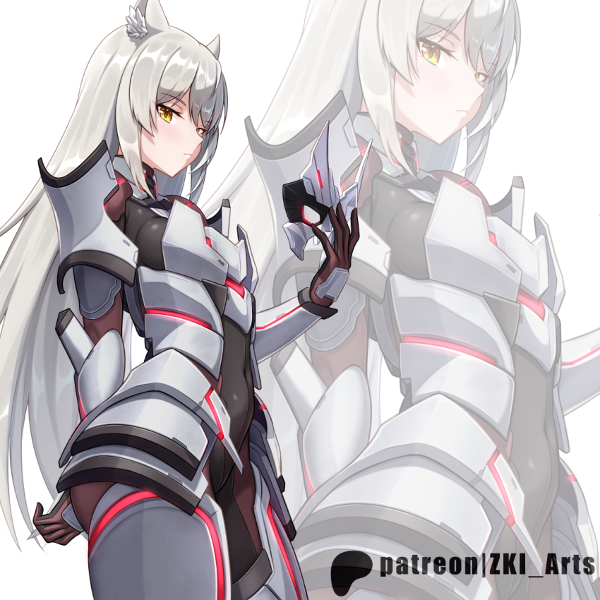 1girl animal_ear_fluff animal_ears arm_up armor arms_behind_back artist_name black_bodysuit bodysuit bodysuit_under_clothes breasts cat_ears cat_girl closed_mouth commentary english_commentary large_breasts looking_at_viewer m_(xenoblade) patreon_username red_bodysuit solo standing two-tone_bodysuit xenoblade_chronicles_(series) xenoblade_chronicles_3 yellow_eyes z-ki zoom_layer