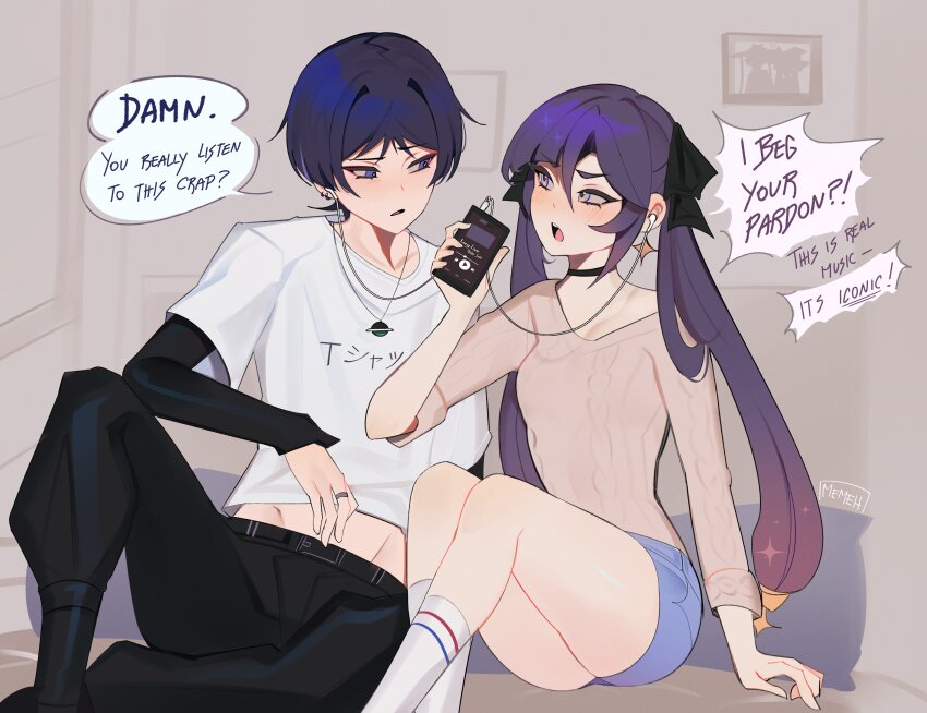 1boy 1girl absurdres alternate_costume black_choker black_hair black_pants black_ribbon blue_hair blush cellphone choker clothes_writing commentary earphones earrings english_commentary english_text genshin_impact hair_between_eyes hair_ornament hair_ribbon hetero highres holding holding_phone jewelry long_hair lowrise lowrise_pants memeh mona_(genshin_impact) multicolored_hair necklace off_shoulder open_mouth pants parted_lips phone purple_hair ribbon scaramouche_(genshin_impact) shared_earphones shirt short_shorts shorts sidelocks signature sitting speech_bubble sweater taylor_swift twintails white_shirt