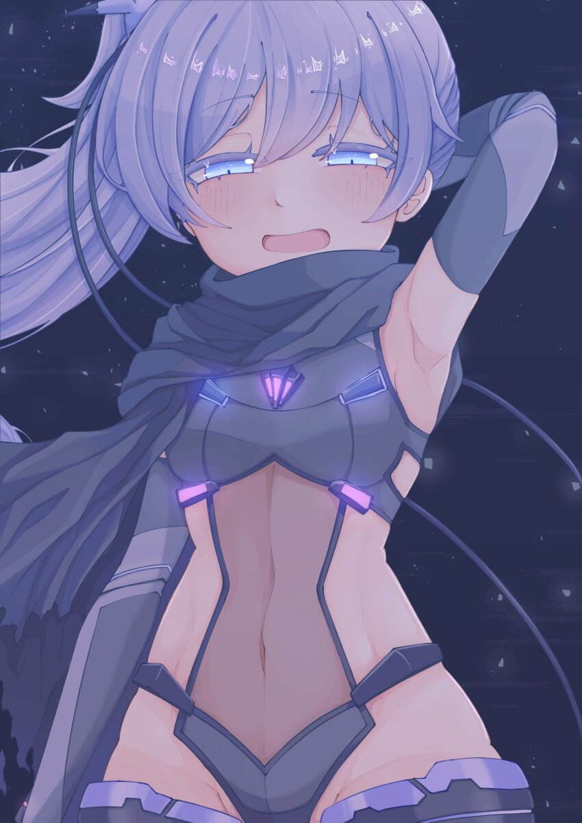 1girl armpits blue_eyes blush breasts cowboy_shot elbow_gloves fuyu_1214 gloves groin half-closed_eyes highres long_hair looking_at_viewer navel night ongeki open_mouth scarf sky small_breasts solo star_(sky) takase_rio twintails