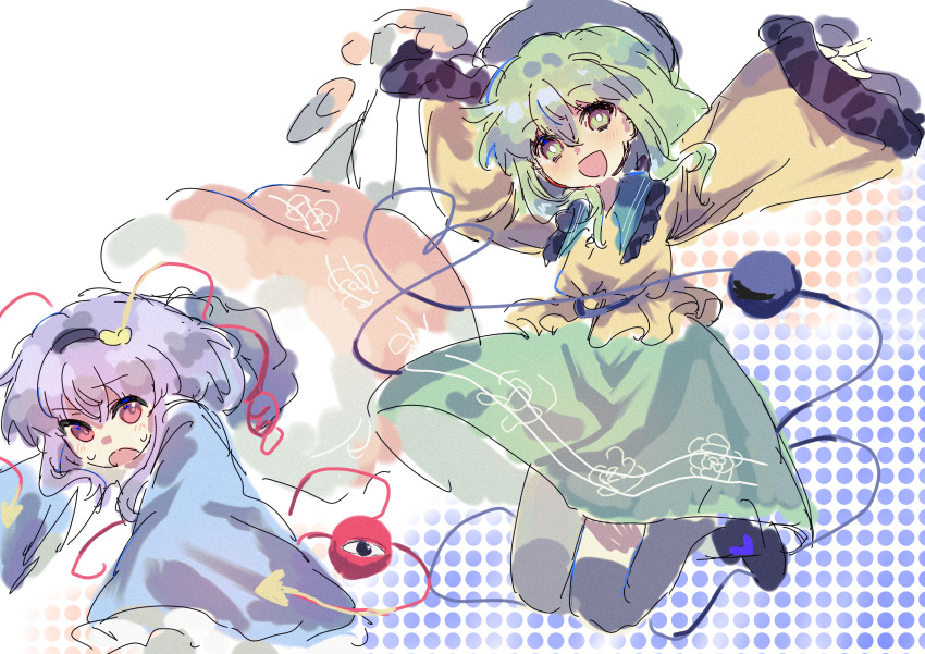 2girls absurdres blouse blue_shirt blush collared_shirt floral_print frilled_shirt_collar frilled_sleeves frills full_body gradient_background green_eyes green_hair green_skirt hair_between_eyes hat head_tilt highres huangdouliuhan komeiji_koishi komeiji_satori long_sleeves looking_at_viewer multiple_girls open_mouth pink_eyes print_skirt rose_print shirt siblings simple_background sisters skirt third_eye touhou white_background wide_sleeves yellow_shirt