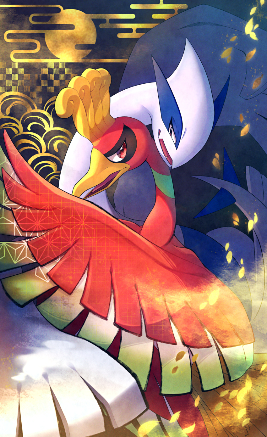 animal_focus bird egasumi eye_contact fangs feathered_wings gen_2_pokemon half-closed_eyes highres ho-oh hug legendary_pokemon looking_at_another lugia maki_(letusgomaki) nintendo no_humans open_mouth petals pokemon pokemon_(creature) purple_eyes red_eyes skin_fangs tongue wings