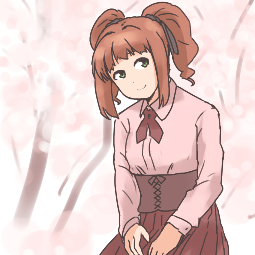 annko brown_eyes cherry_blossoms collared_shirt corset green_eyes hair_ribbon highres idolmaster idolmaster_(classic) looking_at_viewer pink_shirt red_skirt ribbon shirt skirt smile takatsuki_yayoi