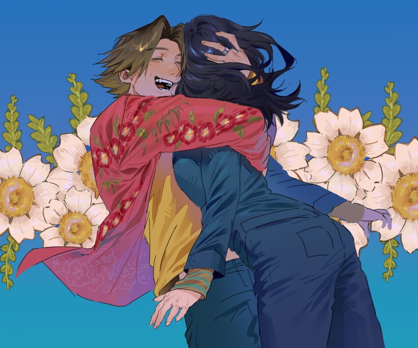 1boy 1girl anya_(mouthwashing) black_hair blue_background blue_jumpsuit brown_hair closed_eyes daisuke_(mouthwashing) floral_background highres hug jumpsuit kugai697139 long_sleeves mouthwashing pony_express_uniform shirt simple_background yellow_shirt