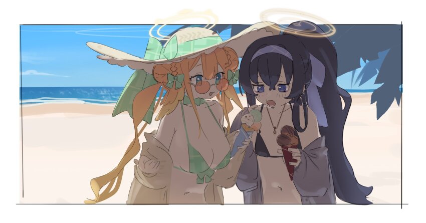 2girls beach bikini black_bikini black_hair blue_archive blue_eyes blue_sky blush bow breasts brown_jacket bun_with_braided_base day double_bun feather_hair flat_chest green_bikini green_bow hair_bow hair_bun hair_ribbon halo hat highres holding holding_ice_cream_cone horizon ice_cream_cone jacket jewelry large_breasts long_hair long_sleeves looking_at_another looking_at_food multiple_girls multiple_hair_bows nemo_(leafnight) ocean off_shoulder open_clothes open_jacket open_mouth outdoors pendant ponytail purple_eyes purple_jacket purple_ribbon ribbon shade sharing_food shimiko_(blue_archive) sky standing sun_hat sunglasses swimsuit twintails upper_body
