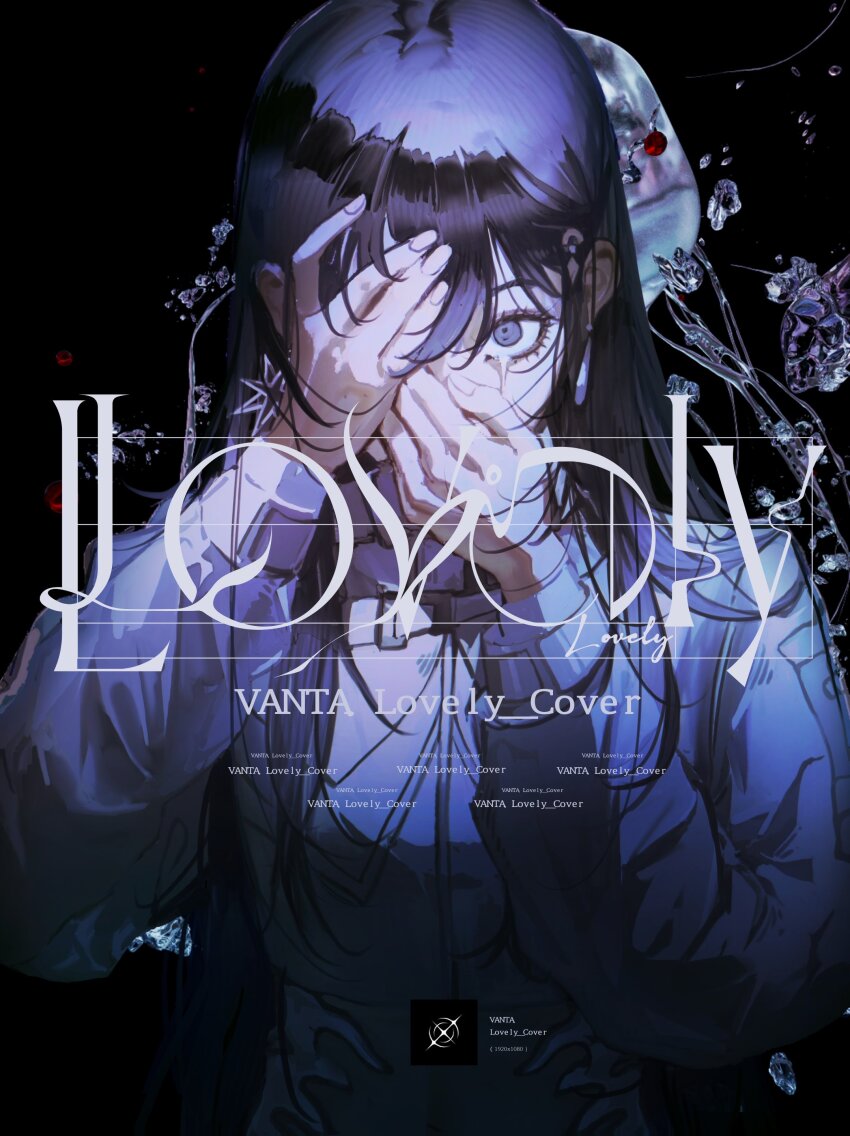 1girl absurdres artist_collaboration black_background black_eyes black_hair commentary english_commentary hair_ornament hands_on_own_face highres indie_utaite jacket john_kafka long_hair long_sleeves looking_at_viewer midriff navel official_art sidelocks solo textless_version upper_body utaite vanta_(utaite) white_jacket zuiyo_sonata