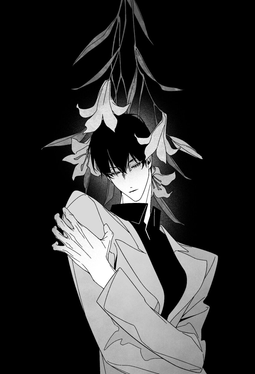 1boy benkdjjituibot black_sclera black_shirt coat collared_shirt colored_sclera easter_lily greyscale hands_on_own_shoulders head_tilt highres kim_dokja long_fingers male_focus monochrome omniscient_reader&#039;s_viewpoint self_hug shirt solo too_many_flowers upper_body white_coat