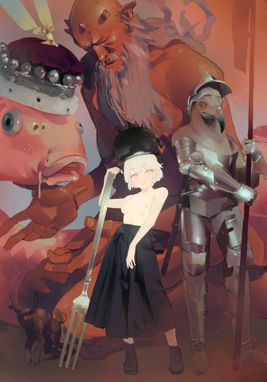 1boy 1girl 1other :d absurdres animal animal_head armor bare_shoulders beard black_skirt breasts cauldron closed_eyes colored_skin commentary completely_nude contrapposto creature crown demon english_commentary facial_hair fish flying_fish fork full_armor full_body gauntlets giant halberd heart helmet high-waist_skirt highres holding holding_fork holding_polearm holding_weapon kneeling knight koi long_skirt looking_at_viewer monster nipples nude object_on_head open_mouth original oversized_animal oversized_object pink_eyes polearm polilla red_skin short_hair skirt small_breasts smile standing surreal topless_female weapon white_hair