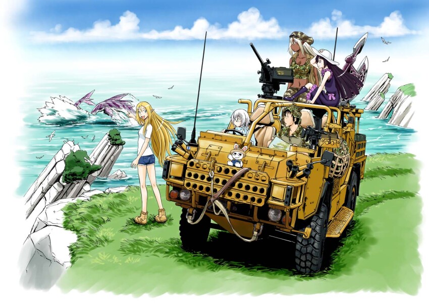 1boy 4girls axe bird black_hair blonde_hair blue_sky boots browning_m2 cliff cloud dark_elf doll elf gate_-_jieitai_ka_no_chi_nite_kaku_tatakaeri grass gun hat heavy_machine_gun holding holding_map horizon huge_weapon itami_youji lelei_la_lalena long_hair looking_at_another machine_gun map military_uniform military_vehicle multiple_girls ocean official_art pointing pointy_ears rory_mercury sao_satoru short_hair shorts sky stuffed_animal stuffed_rabbit stuffed_toy tank_top textless_version tuka_luna_marceau weapon white_hair yao_haa_dushi