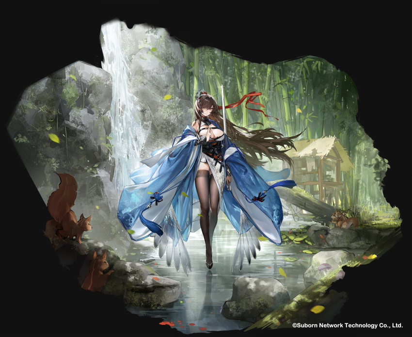 1girl bamboo bamboo_forest black_thighhighs breasts brown_hair chinese_clothes chinese_commentary cleavage copyright_notice daiyan_(neural_cloud) daiyan_(soaring_crane)_(neural_cloud) falling_leaves floating forest girls&#039;_frontline girls&#039;_frontline_neural_cloud hair_intakes hair_ribbon highres holding holding_sword holding_weapon hut jian_(weapon) leaf nature off_shoulder official_alternate_costume official_art ponytail red_ribbon reflection ribbon sadaharu_(lujingwill) solo squirrel sword thighhighs type_95_(girls&#039;_frontline) water waterfall weapon yellow_eyes