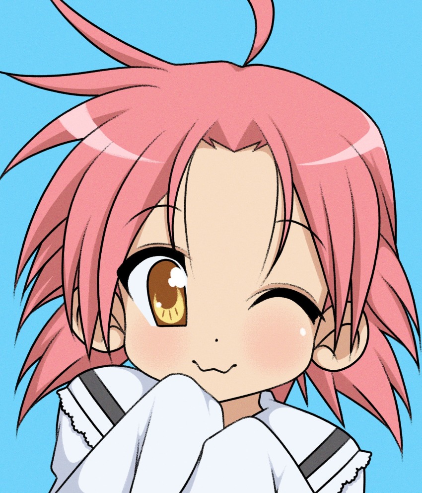 1girl blue_background closed_mouth cryptidhermit dot_nose highres kogami_akira long_sleeves looking_at_viewer lucky_star messy_hair one_eye_closed pink_hair shirt short_hair simple_background sleeves_past_fingers sleeves_past_wrists solo upper_body wavy_mouth white_shirt yellow_eyes