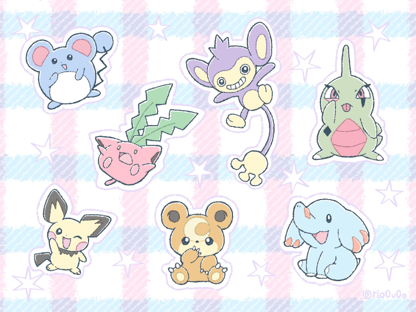 aipom akanbe arm_up black_eyes bright_pupils covering_own_mouth eyelid_pull game_freak gen_2_pokemon grin hoppip larvitar marill nintendo no_humans one_eye_closed open_mouth outline phanpy pichu plaid_background pokemon pokemon_(creature) red_eyes rio_(rio0v0o) smile star_(symbol) teddiursa tongue tongue_out white_outline white_pupils yellow_eyes