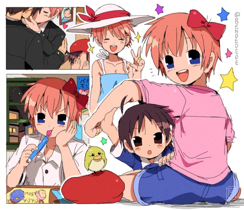 1girl 2boys bendedede bird doki_doki_literature_club dragon_ball dragonball_z family father_and_daughter highres jewelry mother_and_daughter multiple_boys protagonist_(doki_doki_literature_club) ring sayori_(doki_doki_literature_club) scene_reference slice_of_life