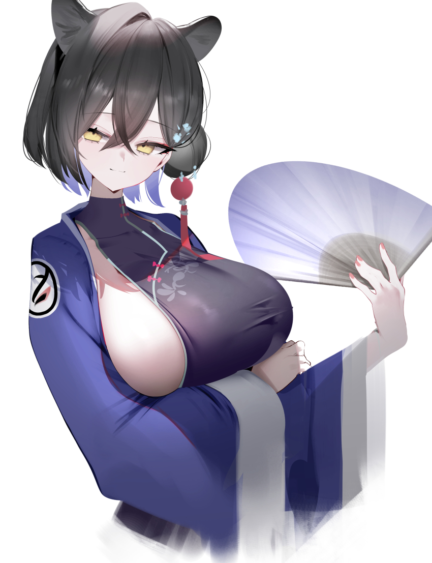 1girl absurdres animal_ears arm_under_breasts black_dress black_hair blue_archive breasts china_dress chinese_clothes closed_mouth dress extra_ears eyeliner folding_fan hair_between_eyes hair_bun hair_ornament hand_fan highres holding holding_fan inumata_ichini kaguya_(blue_archive) large_breasts long_sleeves looking_at_viewer makeup panther_ears panther_girl red_eyeliner red_nails short_hair sideboob simple_background single_side_bun smile solo tassel tassel_hair_ornament upper_body white_background wide_sleeves yellow_eyes