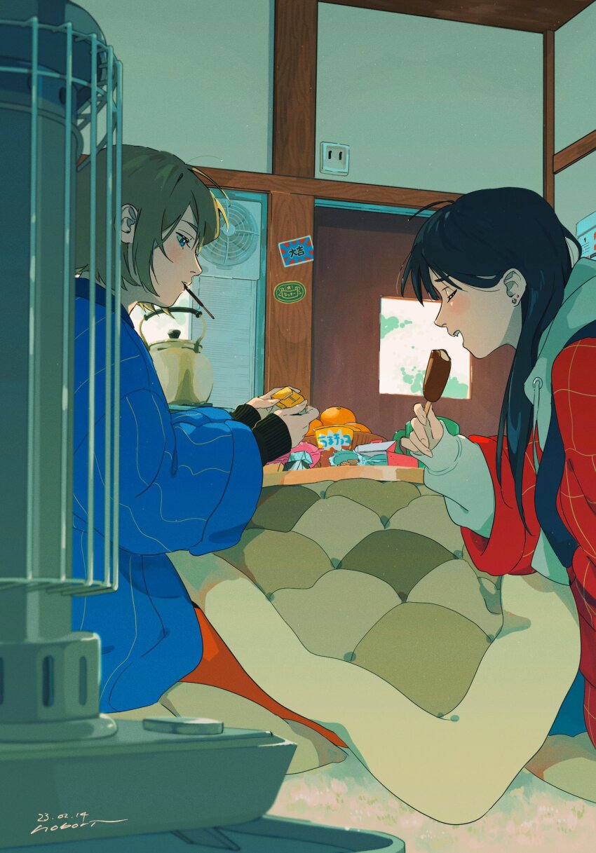 2girls all_nobori black_hair blonde_hair blue_eyes blush closed_eyes earrings food food_in_mouth fruit hanten_(clothes) highres holding holding_food holding_ice_cream ice_cream ice_cream_bar indoors jewelry kerosene_heater kettle kotatsu long_hair long_sleeves mandarin_orange multiple_girls origami original pocky pocky_in_mouth short_hair sitting sleeves_past_wrists slice_of_life snack table under_kotatsu under_table