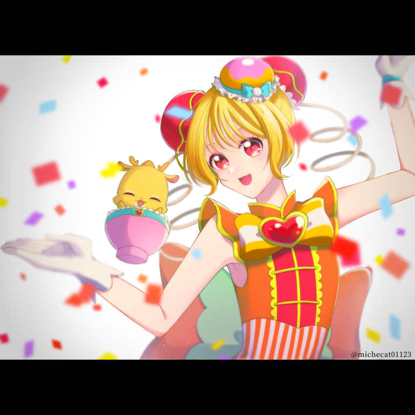 1girl 1other absurdres aqua_bow blonde_hair blush bow brooch bun_cover china_dress chinese_clothes confetti cure_yum-yum delicious_party_precure double_bun dress drill_hair fairy gloves hair_bun hanamichi_ran hat hat_bow heart heart_brooch highres jewelry large_bow magical_girl medium_hair mem-mem_(precure) michelangelo_(michecat01123) mini_hat open_mouth orange_dress precure red_eyes smile striped_bow twin_drills twitter_username white_gloves
