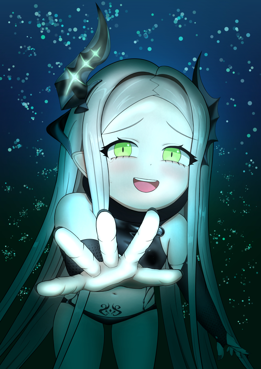 1girl absurdres alsrudfkr99 black_horns black_liquid black_nails breasts forehead goddess_of_victory:_nikke green_eyes grey_hair highres horns leviathan_(nikke) liquid_clothes long_hair looking_at_viewer open_mouth piercing pointy_ears pubic_tattoo small_breasts smile tattoo thighs tongue_piercing underwater very_long_hair