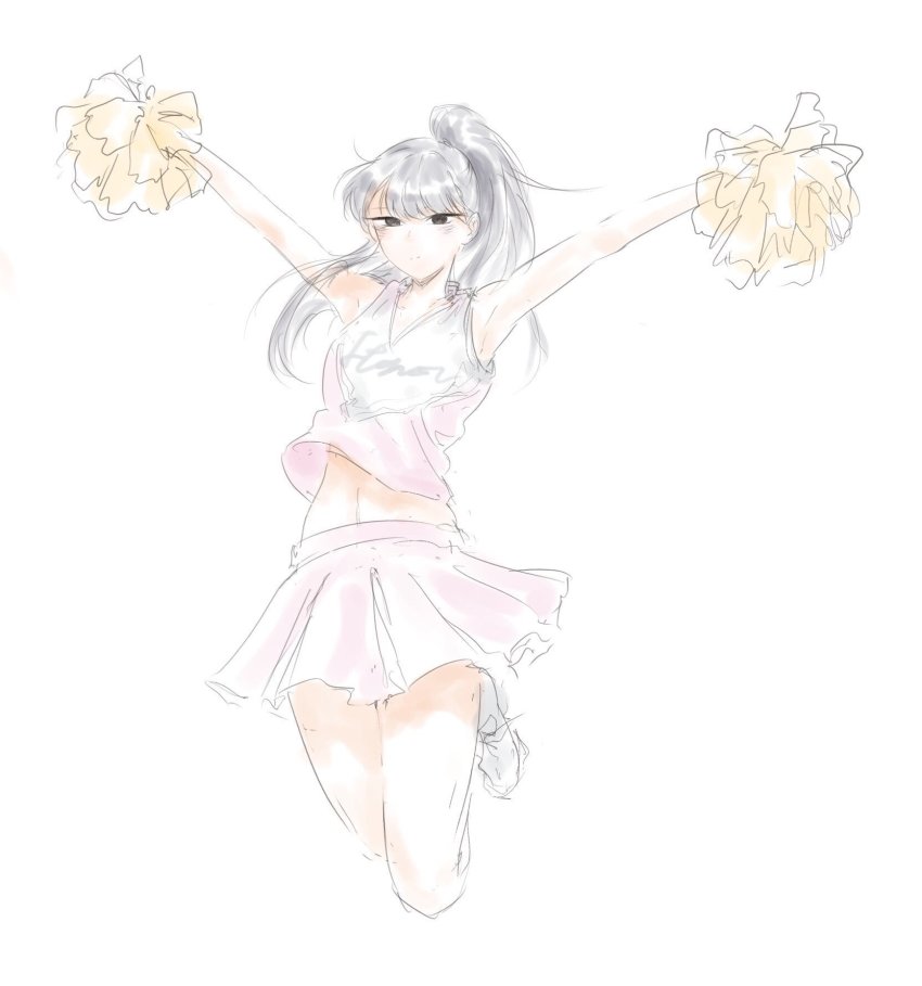 1girl black_eyes black_hair blouse cheerleader clothes_writing female_focus full_body highres jumping komi-san_wa_komyushou_desu komi_shouko long_hair looking_at_viewer miniskirt mitsugu pom_pom_(cheerleading) ponytail shirt simple_background skirt sleeveless sleeveless_shirt smile solo white_background