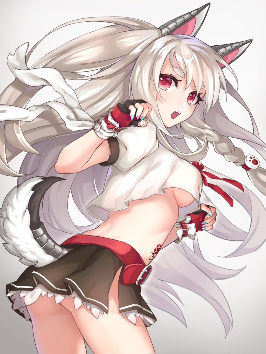 1girl animal_ears ass azur_lane braid breasts claw_pose commentary_request fake_animal_ears fangs female_focus fingerless_gloves fingernails frilled_skirt frills gloves highres kon_(k0n16) long_hair looking_at_viewer midriff multicolored_nails nail_polish one_side_up open_mouth paw_hair_ornament pleated_skirt red_eyes school_uniform serafuku silver_hair single_braid skirt solo tail tattoo underboob wolf_tail yuudachi_(azur_lane)