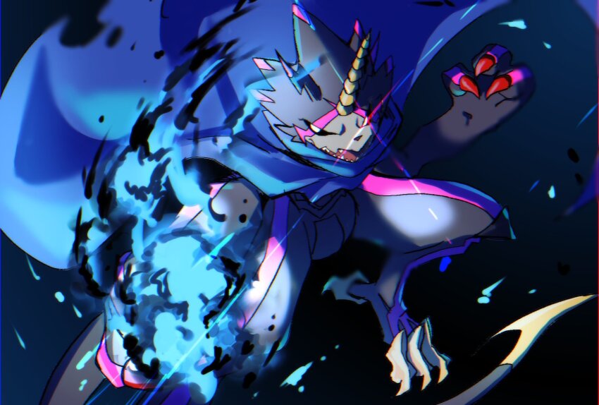 black_sclera black_skin blue_cloak blue_fire cloak colored_sclera colored_skin digimon digimon_(creature) digimon_ghost_game dragon fewer_digits fire glowing glowing_eye gulusgammamon highres megane_mochi sharp_teeth solo teeth