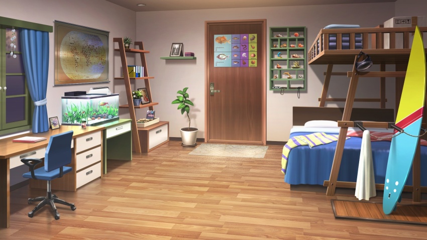 apartment aquarium bed bedroom book chair curtains desk doormat drawer fish highres indoors kelp map_(object) night no_humans non-web_source notebook official_art our_life:_beginnings_and_always photo_(object) plant poster_(object) potted_plant scenery seashell shelf shell surfboard towel window wooden_door wooden_floor