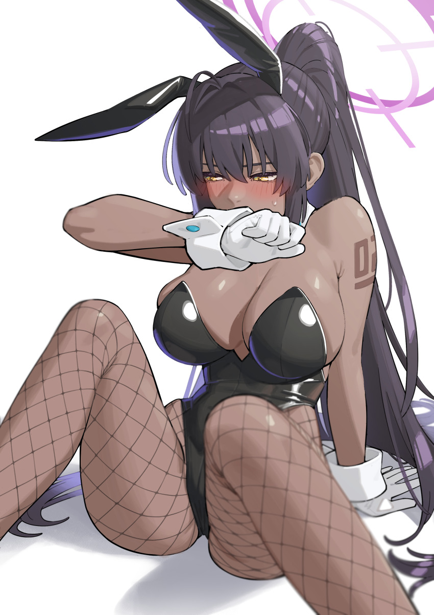 1girl absurdres animal_ears arm_support black_hair black_leotard blue_archive blush breasts cleavage commentary dark_skin fake_animal_ears feet_out_of_frame fishnet_pantyhose fishnets gloves hair_between_eyes hair_intakes halo highleg highleg_leotard highres karin_(blue_archive) karin_(bunny)_(blue_archive) kumajin large_breasts leotard long_hair number_tattoo official_alternate_costume official_alternate_hairstyle oversized_breast_cup pantyhose playboy_bunny ponytail purple_halo rabbit_ears shoulder_tattoo sidelocks simple_background sitting solo spread_legs strapless strapless_leotard sweatdrop tan tattoo thighs very_long_hair white_background white_gloves white_wrist_cuffs wrist_cuffs yellow_eyes