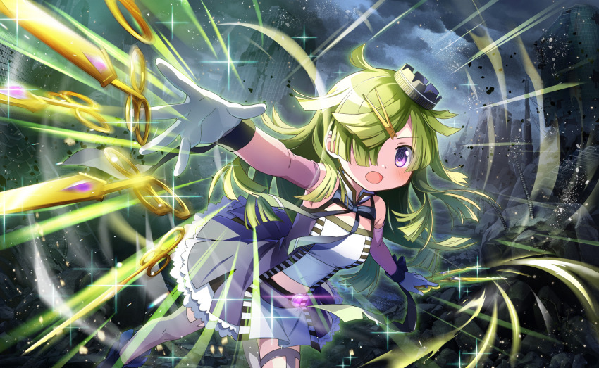 1girl aki_mabayu armpits artist_request attack bare_shoulders black_bow black_hat black_wrist_cuffs blue-bookmark blue_dress blunt_bangs blunt_ends bow bowtie building circle_skirt clothing_cutout cloud cloudy_sky collar detached_collar detached_sleeves determined dot_nose dress eyes_visible_through_hair feet_out_of_frame frilled_skirt frills furrowed_brow game_cg gem gloves glowing_gem green_hair green_outline grey_thighhighs hair_ornament hair_over_one_eye hairclip hat high_collar highres knees leaning_forward leg_cutout light_blush light_particles long_hair long_sleeves looking_at_viewer magia_record:_mahou_shoujo_madoka_magica_gaiden magic magical_girl mahou_shoujo_madoka_magica mahou_shoujo_madoka_magica_magia_exedra messy_hair midriff mini_hat miniskirt official_art open_clothes open_dress open_mouth outdoors outline outstretched_arm pleated_skirt purple_bow purple_bowtie purple_eyes purple_gemstone purple_sleeves ruins scissors see-through_clothes see-through_sleeves shirt shirt_under_dress skirt skirt_set sky skyscraper sleeveless sleeveless_dress solo strapless strapless_shirt tareme thighhighs throwing very_long_hair white_collar white_gloves white_shirt white_skirt wrist_bow wrist_cuffs