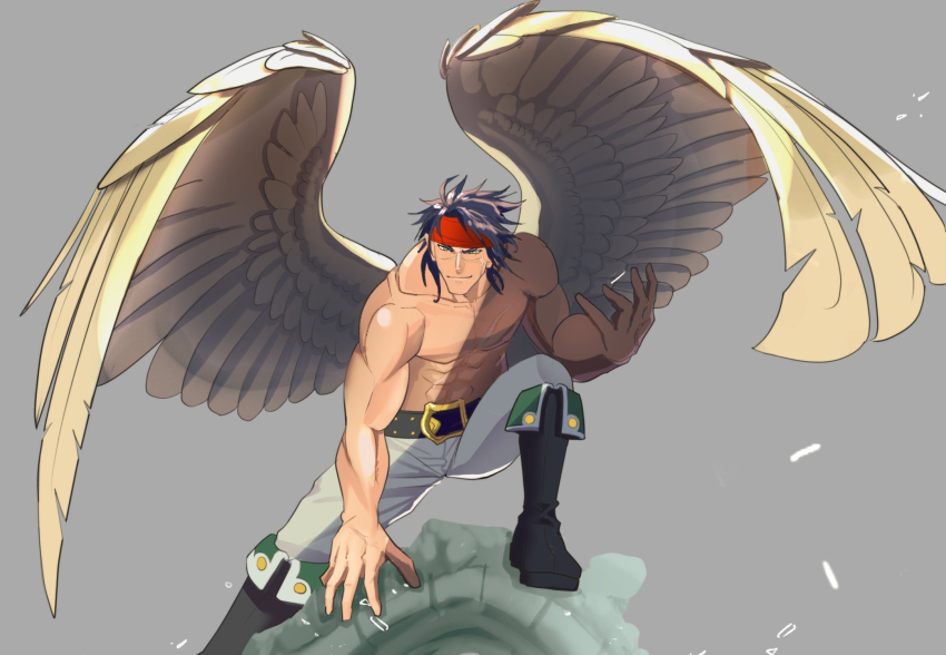 1boy abs bara bird_wings black_boots boots closed_mouth commentary_request cross_scar facial_scar feathered_wings fire_emblem fire_emblem:_radiant_dawn headband highres looking_at_viewer male_focus muscular muscular_male naesala1063 nintendo pants pectorals red_headband scar scar_across_eye scar_on_cheek scar_on_chest scar_on_face scar_on_nose smile tibarn_(fire_emblem) topless_male white_pants wings