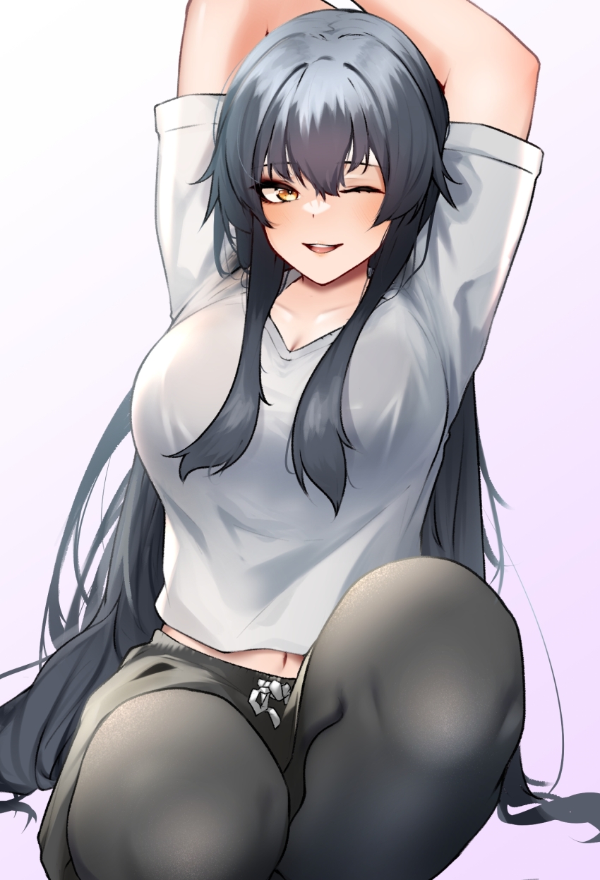 1girl alternate_costume alternate_hairstyle black_hair black_pantyhose black_shorts brown_eyes hair_down highres kantai_collection long_hair one_eye_closed pantyhose pantyhose_under_shorts shirt shorts solo stretching white_shirt yahagi_(kancolle) z_(knkr1025)