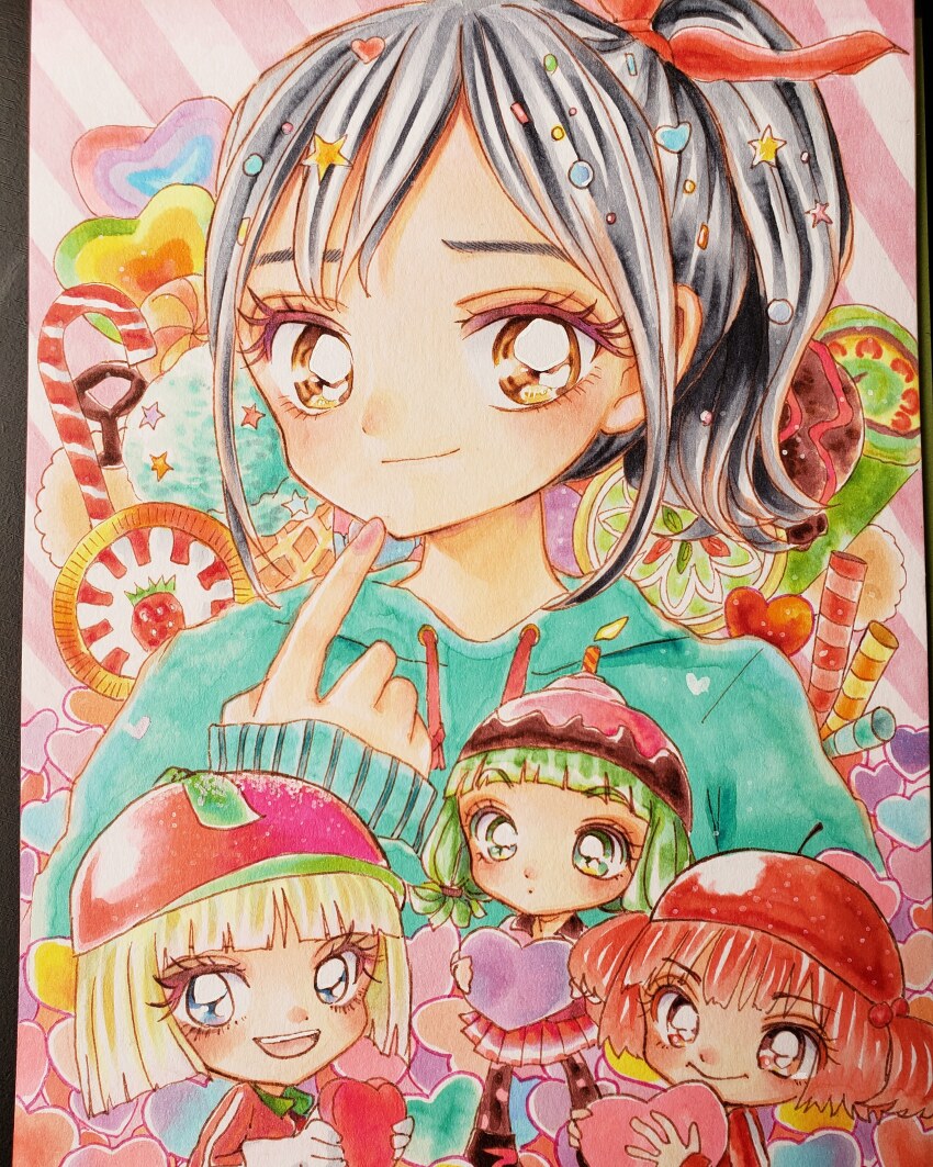 4girls absurdres black_hair blonde_hair blue_eyes brown_eyes candle candlehead candy candy_cane e_rhn001 food fruit green_hair hair_ribbon hat heart highres holding holding_heart ice_cream ice_cream_cone index_finger_raised jubileena_bing-bing marker_(medium) multiple_girls open_mouth red_eyes red_hair red_ribbon ribbon smile strawberry taffyta_muttonfudge traditional_media vanellope_von_schweetz wreck-it_ralph