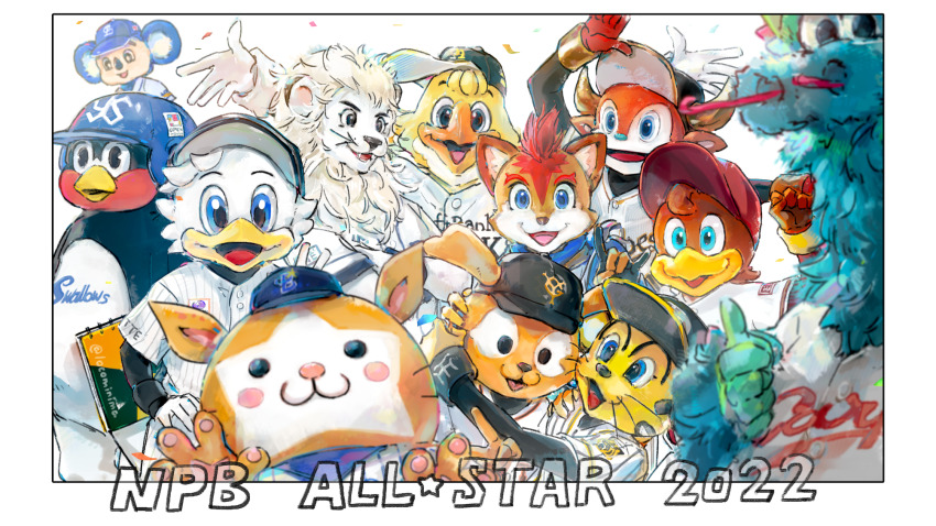 baseball_jersey buffalo_bull chiba_lotte_marines chunichi_dragons clutch_(touhoku_rakuten_golden_eagles) dated db._starman doala everyone frep_the_fox fukuoka_softbank_hawks giabbit hanshin_tigers harry_hawk highres hiroshima_touyou_carp hokkaido_nippon-ham_fighters jabitto_vicky jersey leo_(seibu_lions) mar-kun_(chiba_lotte_marines) mascot miche_(locominima) nippon_professional_baseball orix_buffaloes saitama_seibu_lions slyly tokyo_yakult_swallows torakki_(hanshin_tigers) touhoku_rakuten_golden_eagles tsubakurou yokohama_dena_baystars yomiuri_giants