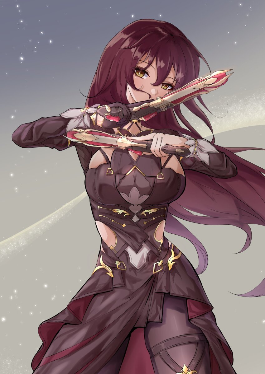 1girl absurdres black_dress black_thighhighs breasts clothing_cutout dress eden_(honkai_impact) fishnet_armwear gude_(gudechang) gun hair_between_eyes highres holding holding_gun holding_weapon honkai_(series) honkai_impact_3rd large_breasts long_hair looking_at_viewer night night_sky red_hair side_cutout sky solo thighhighs very_long_hair weapon yellow_eyes