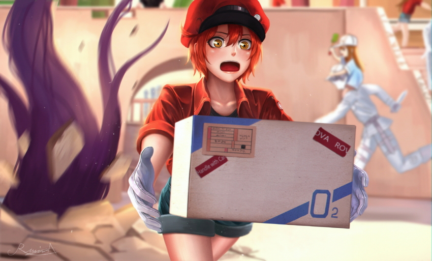 1boy 1girl 2girls ae-3803 ahoge arch artist_name baseball_cap black_shirt blue_shirt blue_shorts blurry blurry_background blush box broken_ground newsboy_cap cardboard_box collarbone combat_knife commentary cowboy_shot deardd denim denim_shorts depth_of_field dropping english_commentary falling gloves hair_between_eyes hat hataraku_saibou holding holding_box holding_knife holding_weapon jacket knife label leaning_forward lips multiple_girls open_clothes open_jacket outdoors pants platelet_(hataraku_saibou) red_blood_cell_(hataraku_saibou) red_hair red_headwear red_jacket running shirt short_hair short_shorts short_sleeves shorts shouting signature solo_focus t-shirt tentacles u-1146 weapon white_blood_cell_(hataraku_saibou) white_gloves white_headwear white_pants white_shirt yellow_eyes