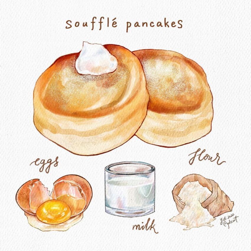 2020 bag cracked_egg cup drinking_glass egg_yolk english_text flour food food_focus icing instagram_username milk no_humans original painting_(medium) pancake signature souffle_pancake third-party_source traditional_media watercolor_(medium) ydxart
